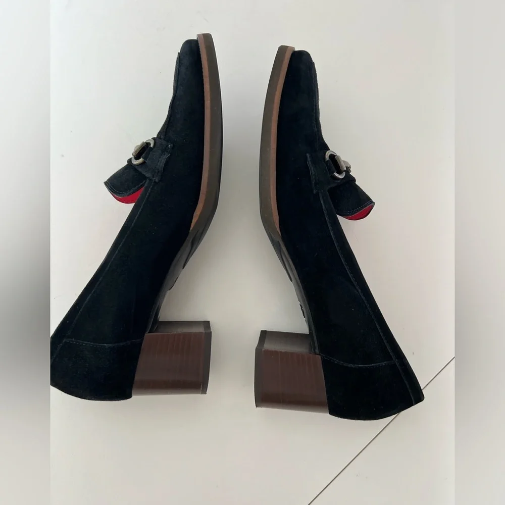 Pas De Rouge‎ Flavia 2508 Horse Bit Round Toe Black Suede Slip-On Heeled Loafer